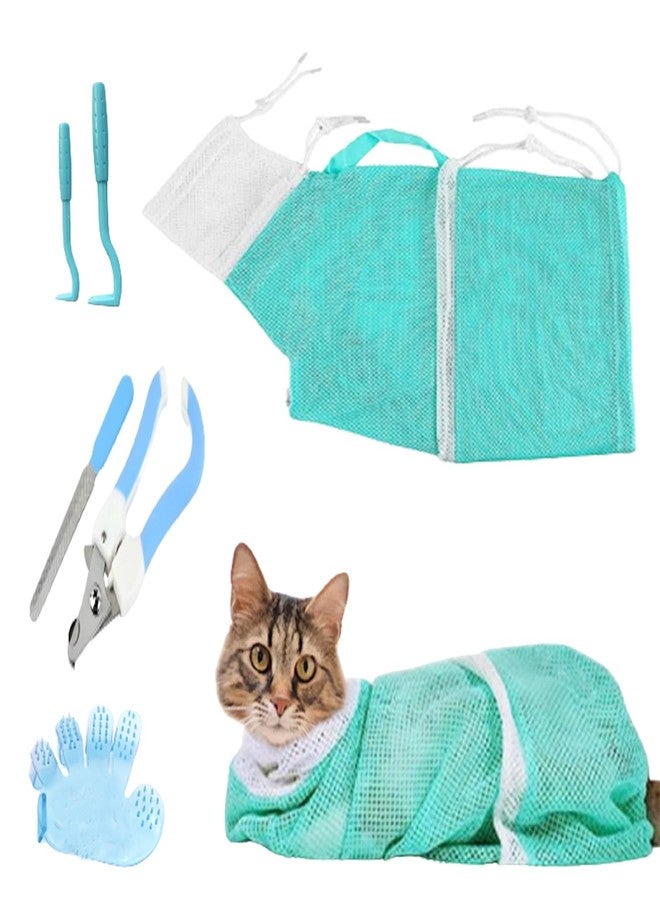fghuim 6 Pieces Cat Bathing/Grooming Bag, Adjustable Cat Shower Net Bag and Pet Nail Clippers, Nail File, Grooming Gloves, Tick Tool，Pet Dog and Cat Nail Trimming Check. - Image 1